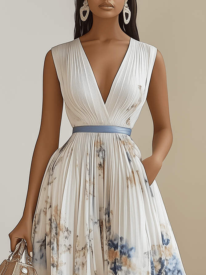 Birgit | Pleated chiffon midi dress with white floral pattern and V-neck