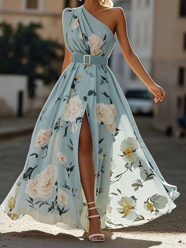 Olivia | Maxi dress chiffon with floral pattern with free shoulders light green