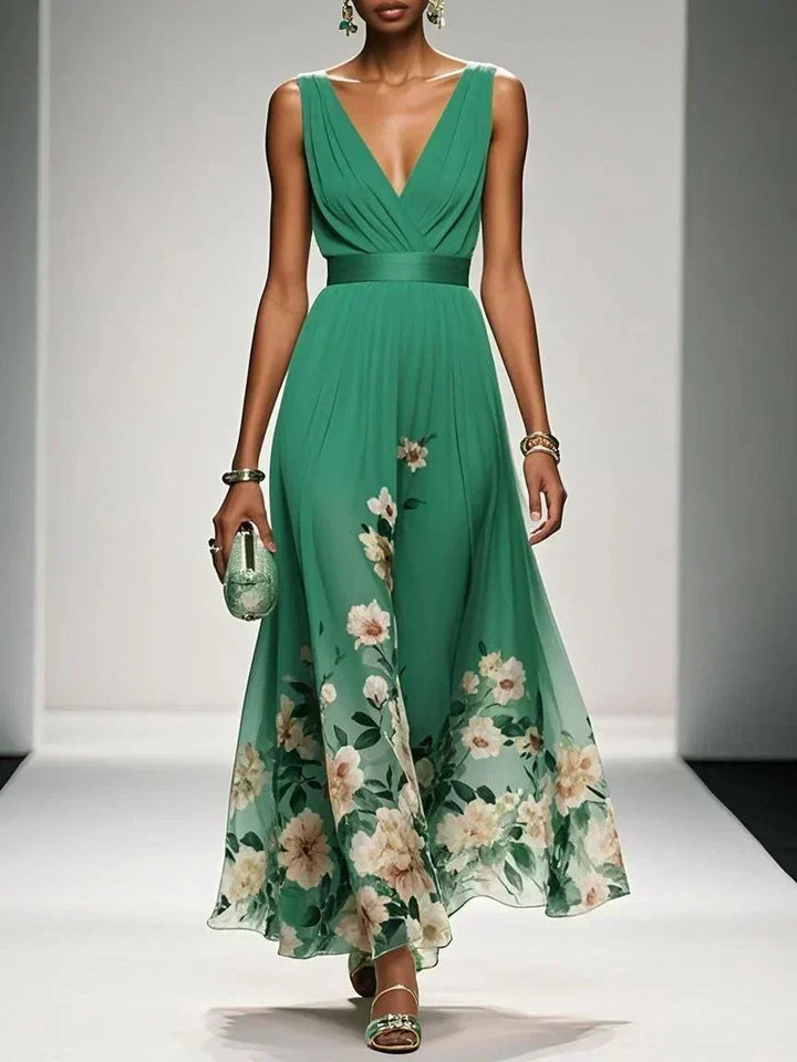 Zoe | Maxi dress made of chiffon with flowers light blue and V-neck
