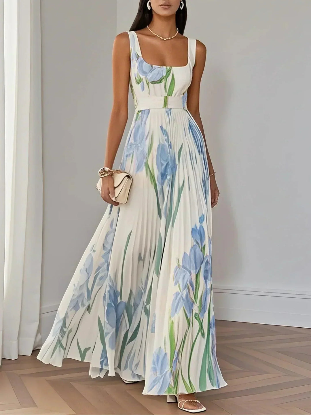Ingrid | Maxi dress chiffon with floral pattern pleated white