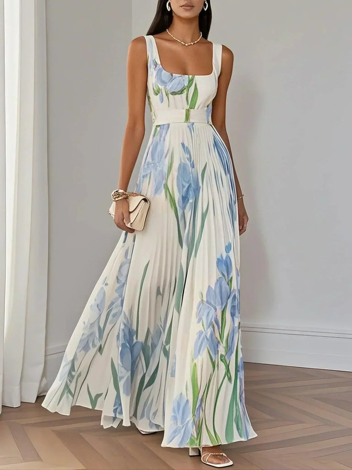 Ingrid | Maxi dress chiffon with floral pattern pleated white