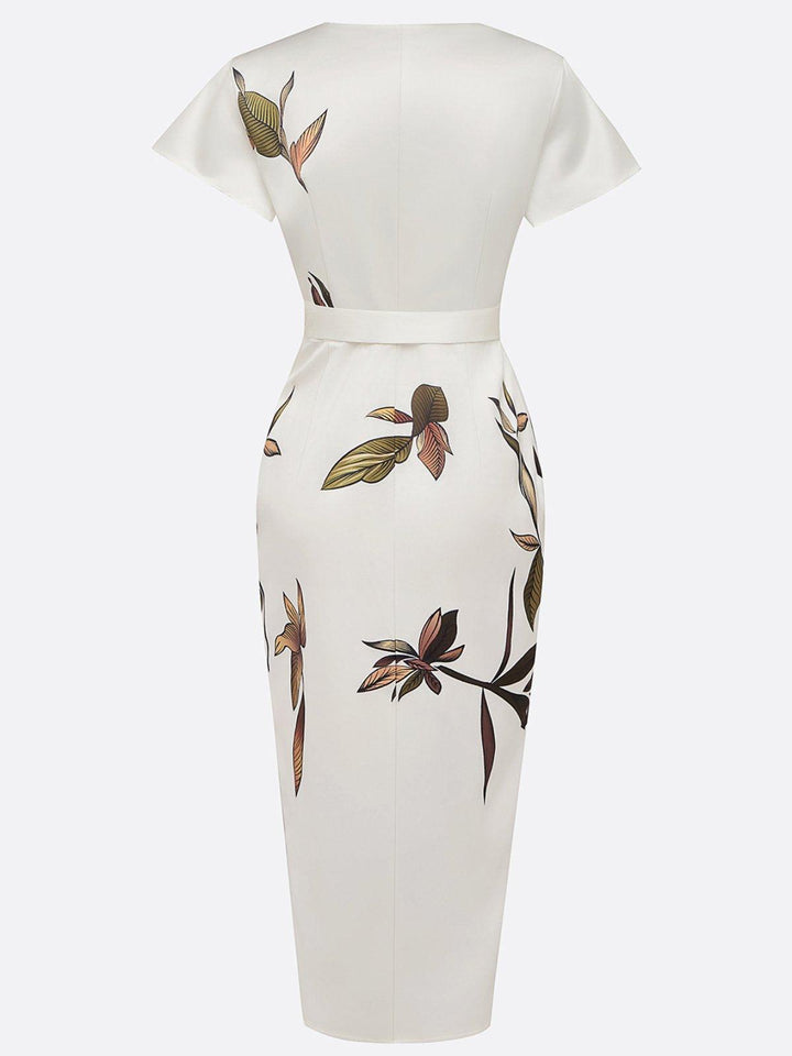 Alina | White satin midi dress with short sleeves